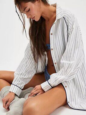 Free People Intimately - Day To Day Sleep Striped Oversized Button Down Shirt XS